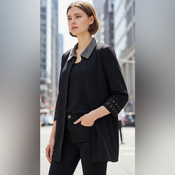 MISOOK Coat Long Full Zip Navy Blue Gray Collar Grommet Cardigan Sweater XL - Picture 1 of 11